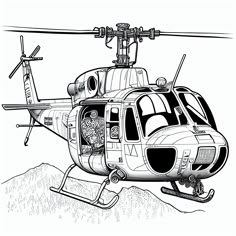 a black and white drawing of a helicopter flying in the sky with skis on its feet