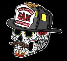 a skull wearing a fireman's hat with the words five after midnight on it