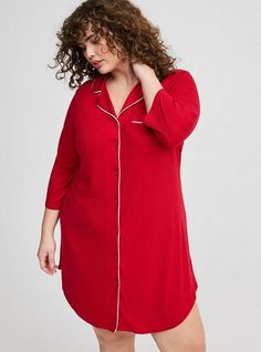 FIT Model is 5'9” wearing size 1. Measures 39” from shoulder (size 2). MATERIALS + CARE Super Soft jersey rib fabric: An incredibly soft, versatile knit that hugs close to the body. . 95% rayon, 5% spandex. Wash cold. Line dry. Imported. DETAILS Collared neckline. . 3/4 length sleeves. . Button front. . Chest pocket. Shirttail hem. . The best plus size women's super soft rib button through sleep gown tops & dresses in jester red made of supersoftrib. These comfy pajamas will be your favorite PJs Comfortable Pjs, Comfy Pajamas, Sleep Gown, Chemise Dress, Rib Fabric, Pajamas Comfy, Nightgowns, Bra And Panty Sets, Ribbed Fabric