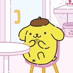 a cartoon character sitting at a table with a plate in front of him