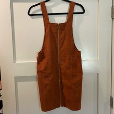 Rudy Orange Color Corduroy Overalls Dress Size S Never Worn Casual Corduroy Mini Dress For Fall, Casual Spring Corduroy Mini Dress, Casual Corduroy Mini Dress For Spring, Casual Spring Mini Dress In Corduroy, Corduroy Mini Dress With Pockets, Brown Corduroy Knee-length Dress, Orange Overalls Outfit, Orange Overalls, Overalls Dress