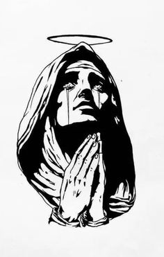 a black and white drawing of a woman praying