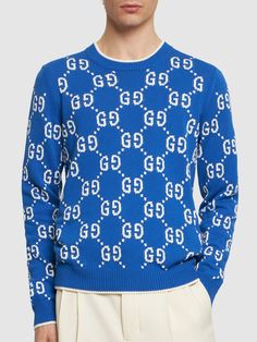 Ribbed collar, cuffs and hem. Logo details. All over pattern placement may vary. Model is wearing a sizeM Stone Island Clothing, Valentino Clothing, Knit Edge, Cotton Jumper, Crew Neck Jumper, Tshirt Skirt, Knitwear Men