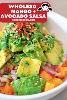 a salad with avocado and red onions in a white bowl