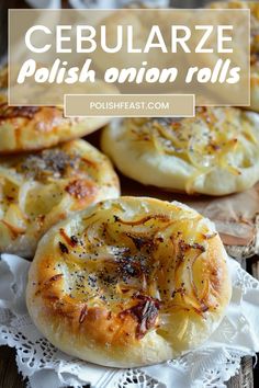 several different types of breads with cheese and onions in them on top of doily