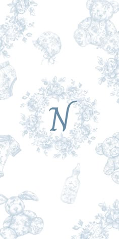 the letter n is surrounded by skulls and flowers on a white background with blue lettering