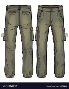 the front and back view of men's cargo pants with zippers on each side