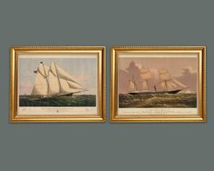 two framed paintings of sailboats in the ocean