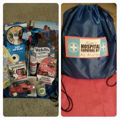 the contents of a hospital survival kit laid out on the floor and in a bag