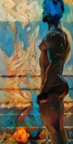 a painting of a woman standing in front of a window