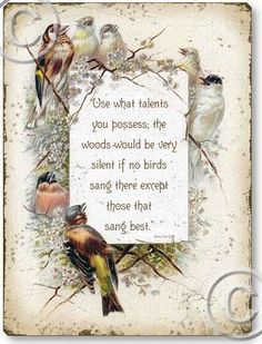 birds sitting on top of a tree branch with a poem written in the middle and below it