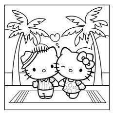 hello kitty and her friend are kissing under the palm tree coloring pages for kids to color