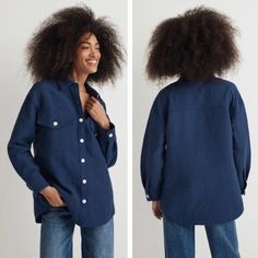 Madewell Navy Blue Superoversized Shirt Jacket Brand New With Tags Size Medium Cozy Up In Our Biggest Shirt-Jacket Yet. Coming In A Textural (And Eco-Friendly) Fabric, It Has An Superoversized Fit With Patch Pockets At The Chest And A Shirttail Hem. Oversized Fit. Hip Length: Designed To Hit At High Hip Or Below; Tuckable. Body Length From High Point Of Shoulder: 31". Navy Oversized Cotton Outerwear, Denim Blue Button-up Shacket With Pockets, Blue Single-breasted Button-up Outerwear, Navy Single-breasted Long Sleeve Outerwear, Navy Button-up Outerwear With Patch Pockets, Layer Jacket, Madewell Jacket, Big Shirt, Jacket Brands