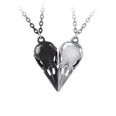 Check out ' coeur crane pendant' a double pendant necklace,to be worn as one with a double chain, or separated into two pendants. one skull is in a bright polished pewter finish on a bright trace chain, while the other is black pewter on a black chain.perfect gift for bff, boyfriend or girlfriend on anniversary, thanksgiving or as a promise gift.wear on dates,clubbing,festivals and hangouts. Raven Skull Necklace, Alchemy Gothic, Gothic Necklace, Couple Necklaces, Friendship Necklaces, The Perfect Guy, Skull Necklace, Skull Pendant, Funky Jewelry