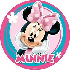 a minnie mouse sticker with the word minnie on it's face and a pink bow