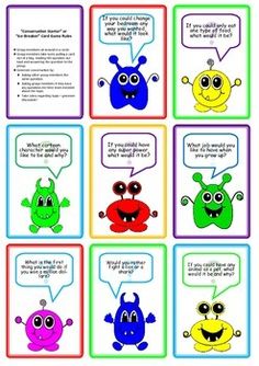 six cards with different colored monsters and speech bubbles