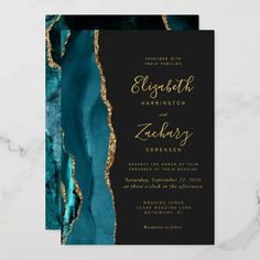 an elegant wedding card with gold foil and teal marble on the front, featuring a black background