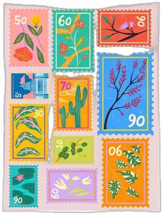 stamps with different designs on them and numbers in the middle one has flowers, leaves, and birds