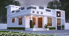 this is a 3d rendering of a modern style house in the evening hours or nights