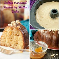 a collage of photos showing different types of cakes and bundt cake with icing