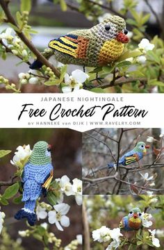 three crocheted birds sitting on top of a tree branch with white flowers in the background