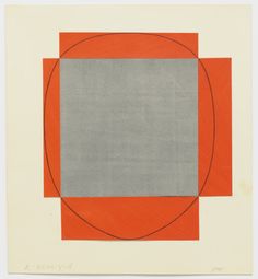 an orange, grey and white painting with a square in the middle