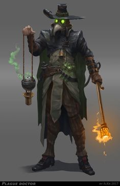 a character with green eyes and a hat holding two torches in one hand, while wearing a