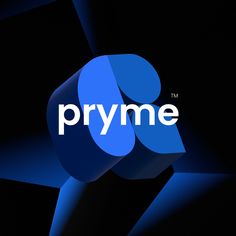 the pryme logo is shown on a black background with blue and white shapes