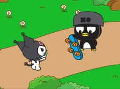 two cartoon characters are walking down a path with skateboards in hand and one is wearing a helmet