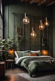 a bedroom with green walls and lights hanging from the ceiling