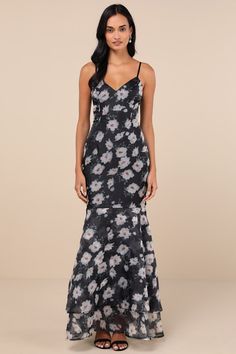 Everyone will be awed by your beauty when you stroll into the venue wearing the Lulus Pure Splendor Black Floral Organza Trumpet Maxi Dress! Airy woven organza boasts a gorgeous floral print as it shapes adjustable spaghetti straps and a princess-seamed bodice with a V-neckline. Fitted waist tops a figure-skimming skirt that has a trumpet silhouette and ends at a tiered, flaring maxi hem. Hidden zipper/clasp at back. Fit: This garment fits true to size. Length: Floor length. Size medium measures 54.5" from adjustable straps to hem. Bust: Great for any cup size. Waist: Fitted - very fitted at natural waist. Hip: Fitted - consider sizing up for fuller hips. Undergarments: May be worn with an adhesive bra, petals, or no bra. Fabric: Fabric has no stretch. Lined. Shell: 100% Polyester. Lining: Trumpet Silhouette, Adhesive Bra, Floral Maxi, Large Size Dresses, Floral Maxi Dress, Hidden Zipper, Black Floral, Floor Length, Spaghetti Strap