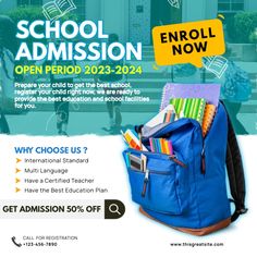 the back to school ad is shown with an image of a blue backpack and books