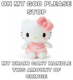 a hello kitty stuffed animal with the caption, oh my god please stop my brain can't handle this amount of cringe