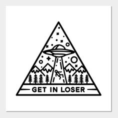 a black and white triangle with the words get in laser on it, surrounded by trees