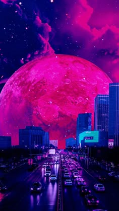 an image of a city with the moon in the background