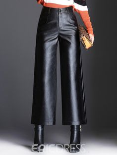 Ericdress Loose Wide Leg Plain PU High- Waist Women's Casual Pants Leather Culottes, Leather Pants Outfit, Mode Casual, Pants Casual, Loose Pants, Looks Chic, Wide Legs, Women Pants Casual, Flared Jeans