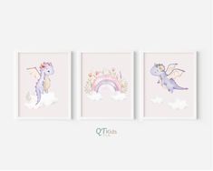 three children's wall art prints with unicorns and clouds