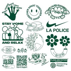 various logos and stickers on a white background