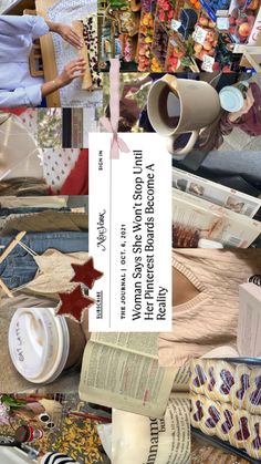 a collage of photos with coffee cups, books and other items on it that include newspaper