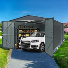 a car is parked in the garage with its door open and shelves full of items