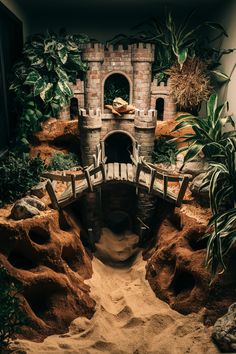 there is a small bridge in the middle of some rocks and plants on the ground