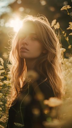 a woman with long hair standing in a field of wildflowers looking into the distance