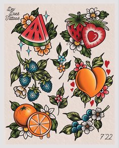 an image of fruit and flowers on paper