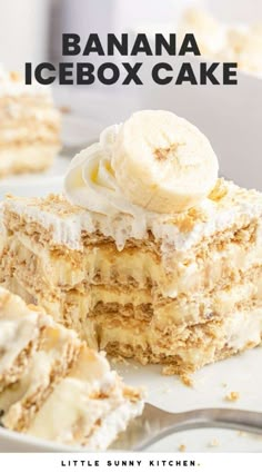 a banana icebox cake on a white plate with the title overlay above it