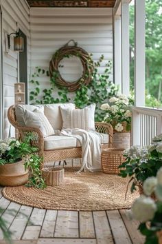 a porch with wicker furniture and flowers on the floor, surrounded by greenery