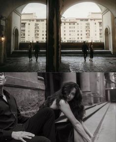 two different shots of people in black and white, one is sitting on the ground