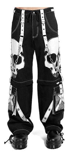 Edgy White Pants For Streetwear, Emo Style Pants For Halloween Streetwear, Edgy Halloween Pants With Pockets, Summer Skull Print Streetwear Bottoms, Grunge Halloween Bottoms With Skull Print, Halloween Grunge Bottoms With Skull Print, Emo Streetwear Bottoms With Pockets, Emo Style Bottoms With Pockets For Streetwear, Edgy Skull Print Bottoms For Alternative Fashion