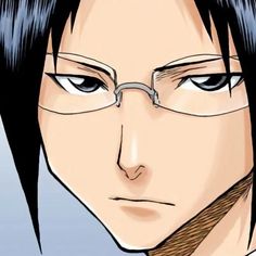 an anime character with black hair and glasses looking at the camera while he has his eyes closed