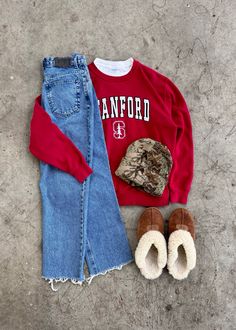 Red, Stanford crewneck with custom vintage jeans paired with a camo beanie and Ugg Slippers Vintage Crew Neck Winter Hoodie, Vintage Fleece Hoodie With Crew Neck, Stanford Crewneck, Vintage Fleece Crew Neck Sweatshirt, Vintage Gap Sweatshirt, Maroon Nike, Crewneck Outfit, Vintage Levis Denim Jacket, Nike Crewneck