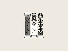 the letter i is made up of three columns with flowers on each column and leaves growing out of them